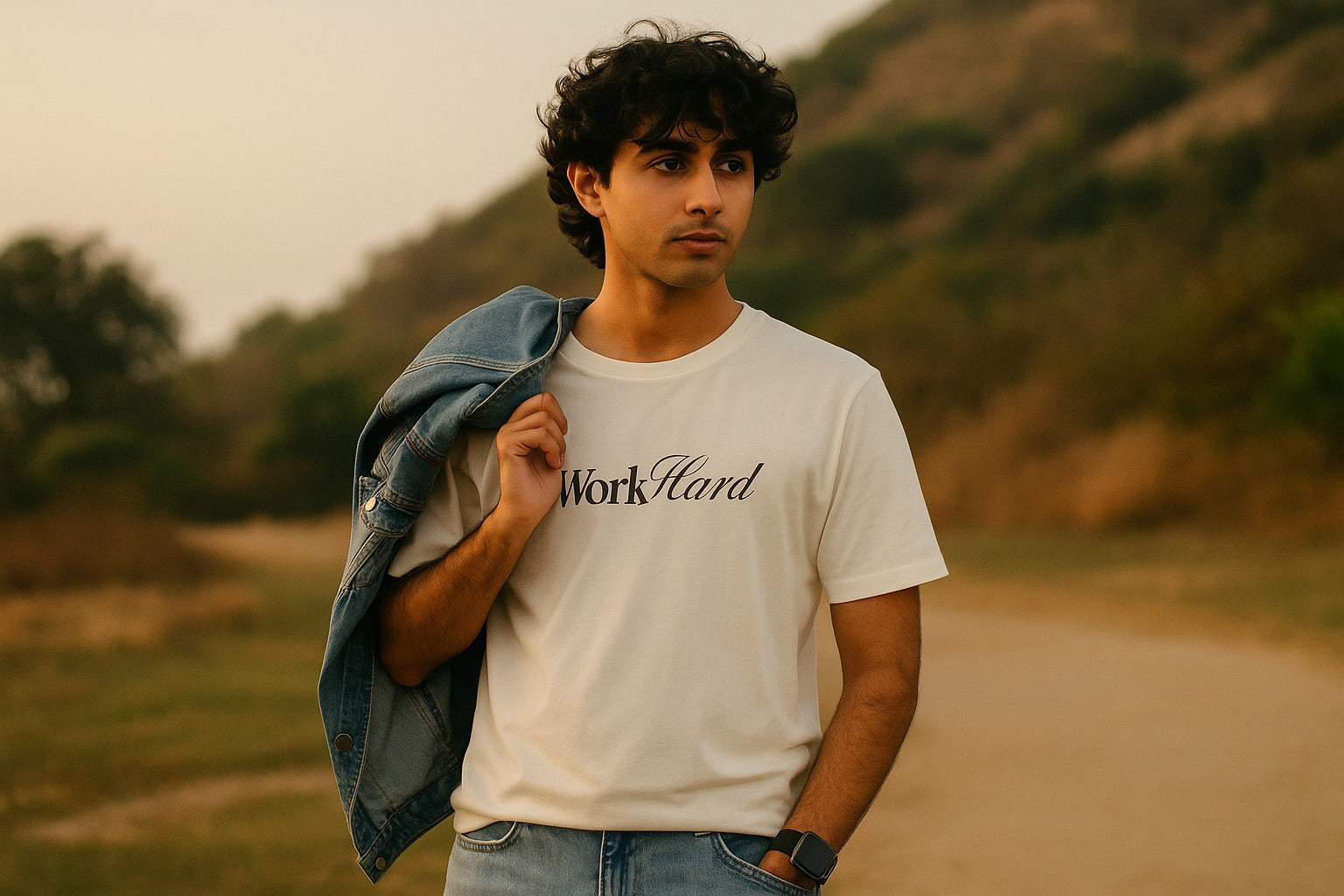 Man holding a denim jacket with 'Work Hard' t-shirt in a natural setting