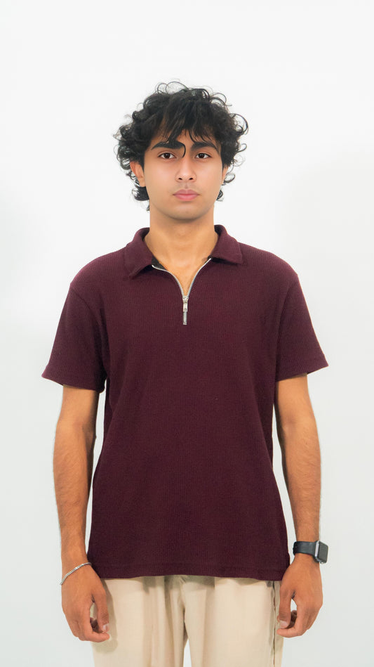 Maroon waffle knitted Zipper Polo – Monarch Club Exclusive